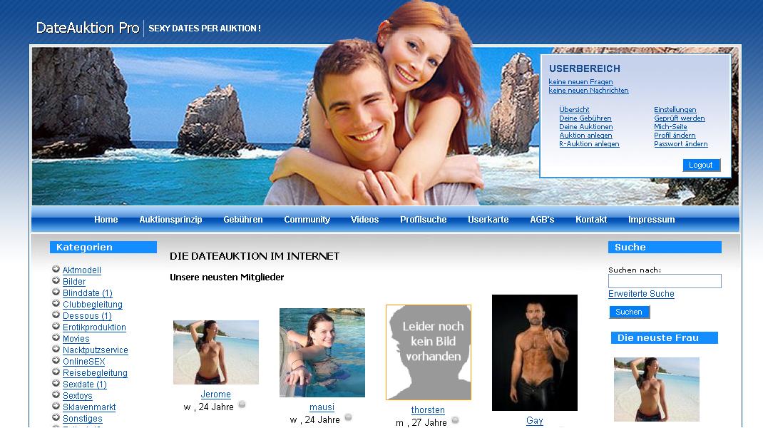 Date & Sex Vor und R�ckw�rts Auktions System mit Profilen,User Geomap,Videos usw.